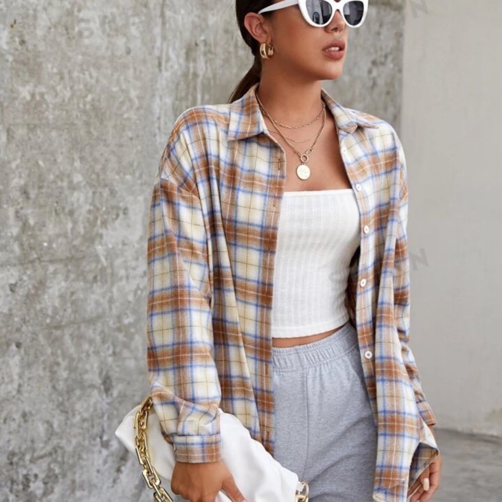 Plaid Button-Up Shirt in Blue and Brown